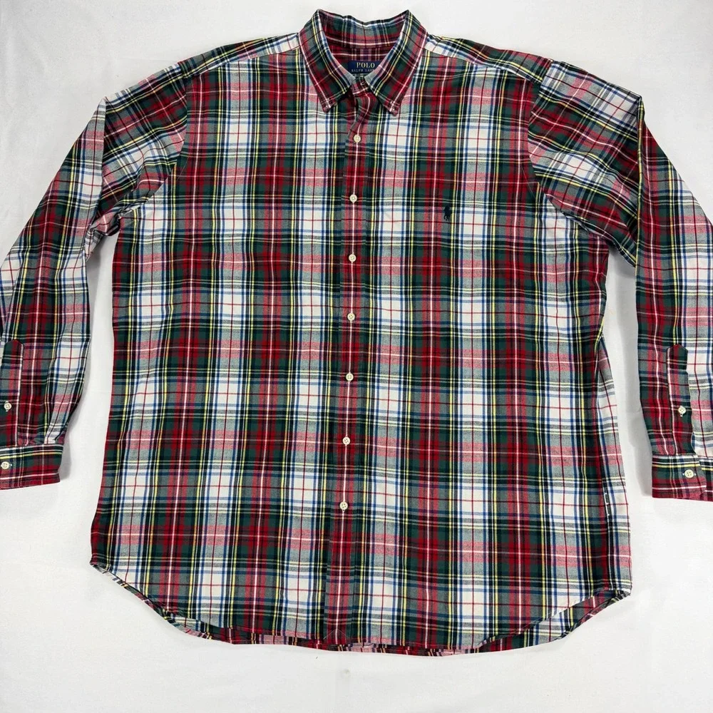 Polo Ralph Lauren Plaid Button Up Shirt‎ Mens 2XLT Red Green Cotton